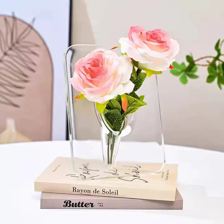 مزهرية أكريليك بشكل كتاب – تصميم عصري بإطار شفاف معلّق